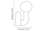 Clérachic table lamp dimension drawing, every measurement marked in centimetres and inches.