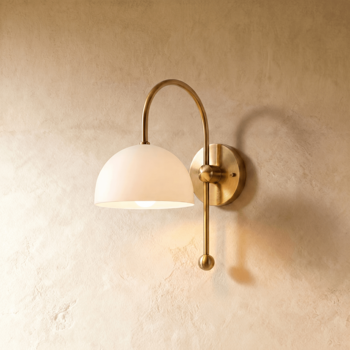 Clérachic wall lamp in brass with a white dome shade on an arched arm ending in a ball finial.