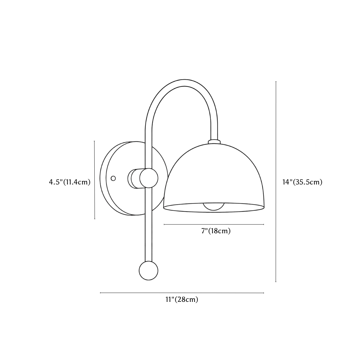 Clérachic wall light dimension drawing, every measurement marked in centimetres and inches.
