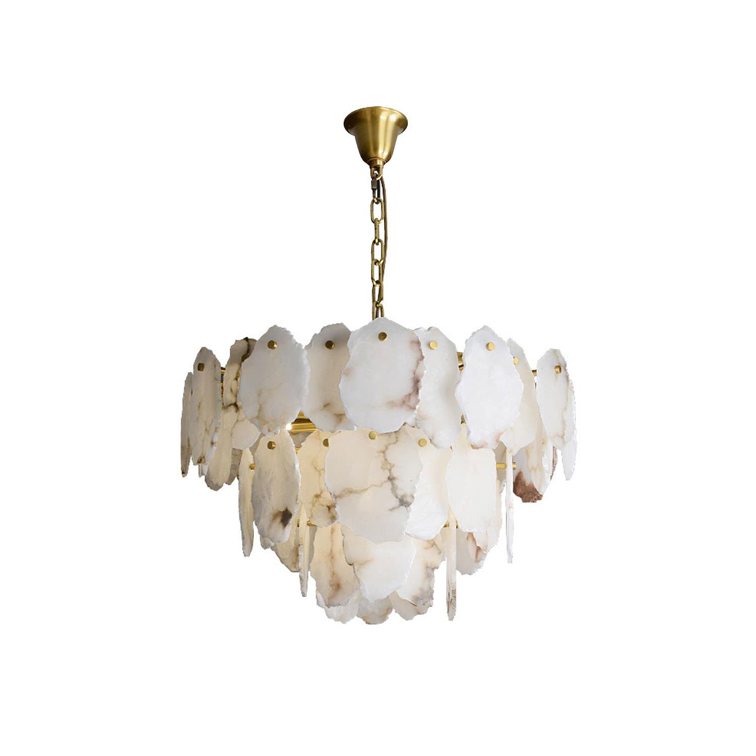 Clérachic Gloire natural alabaster chandelier photographed on white, its three brass-pinned tiers of stone plates hanging from a short chain.