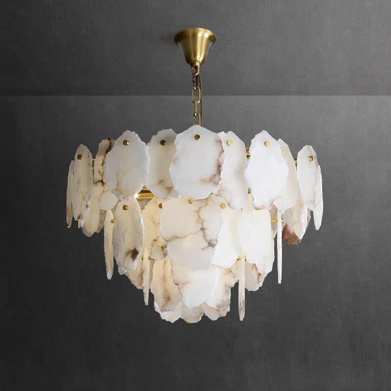 Full-drop view of the Clérachic Gloire alabaster chandelier, short chain and ceiling canopy included, on a plain grey backdrop.