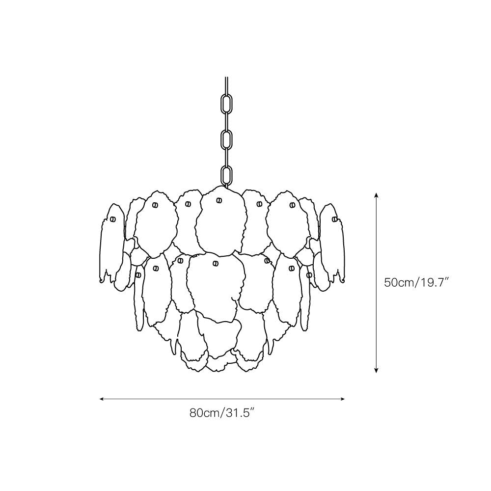 Dimension drawing for the Clérachic Gloire alabaster chandelier, 80 cm (31.5″) wide and 50 cm (19.7″) high.
