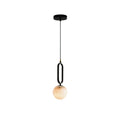 Clérachic Gloruvyd pendant shown against white, its alabaster globe suspended in a slim black oval frame.