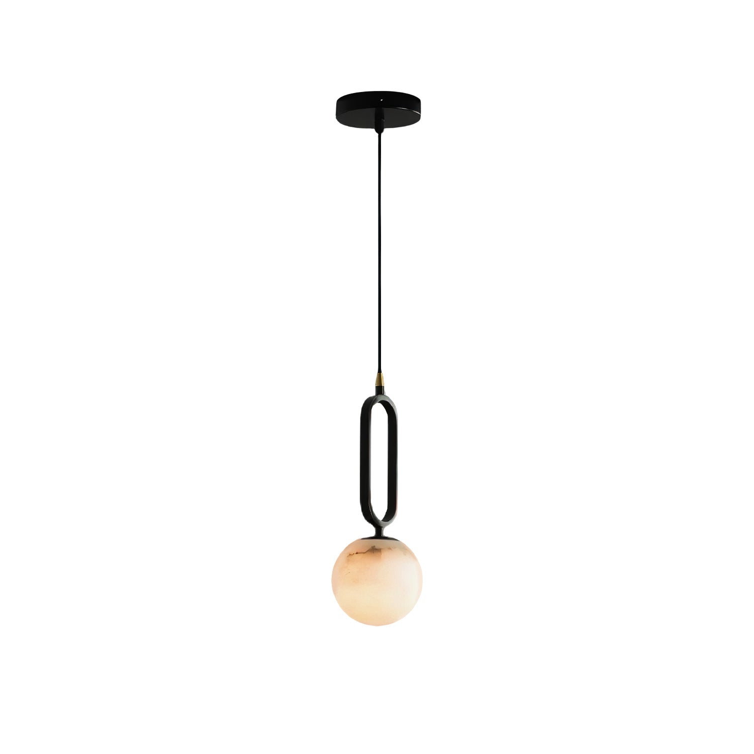Clérachic Gloruvyd pendant shown against white, its alabaster globe suspended in a slim black oval frame.