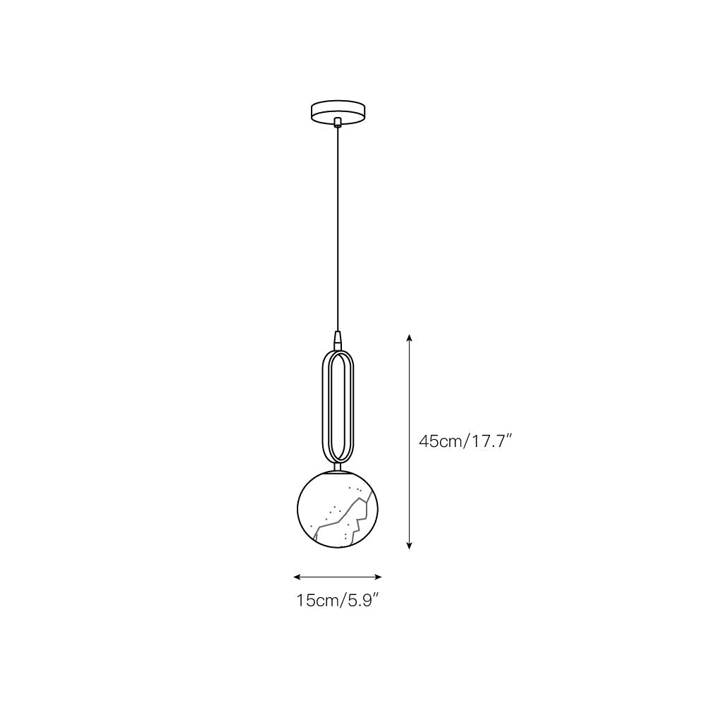 Clérachic Gloruvyd dimension drawing marking 45 cm / 17.7 in overall height and a 15 cm / 5.9 in alabaster globe.