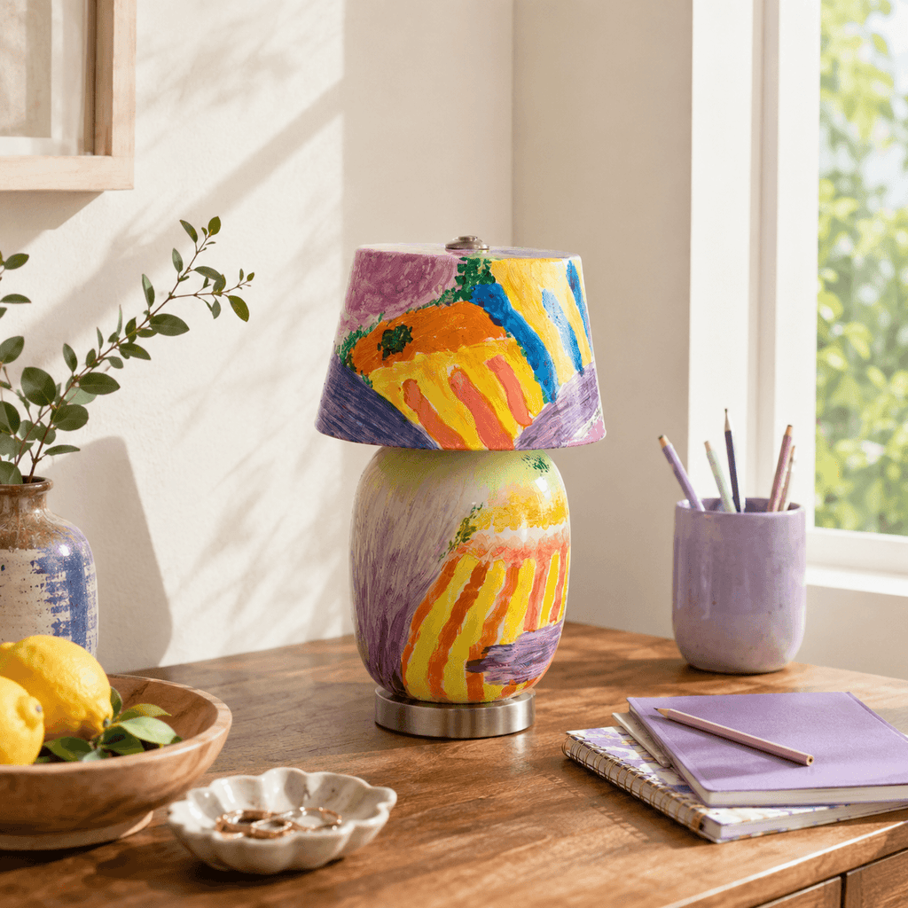 On a wooden desk with a lemon bowl, a lilac pen pot and notebooks, this Clérachic table lamp shows its colourful painted shade and body.