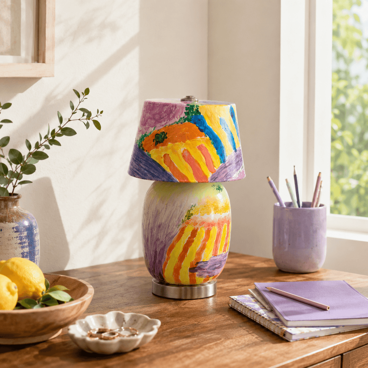 On a wooden desk with a lemon bowl, a lilac pen pot and notebooks, this Clérachic table lamp shows its colourful painted shade and body.