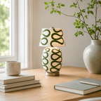 A cream lamp with dark-green loops on the body and shade sits on a light wooden desk by a bright window, with books and a ceramic cup, from Clérachic.