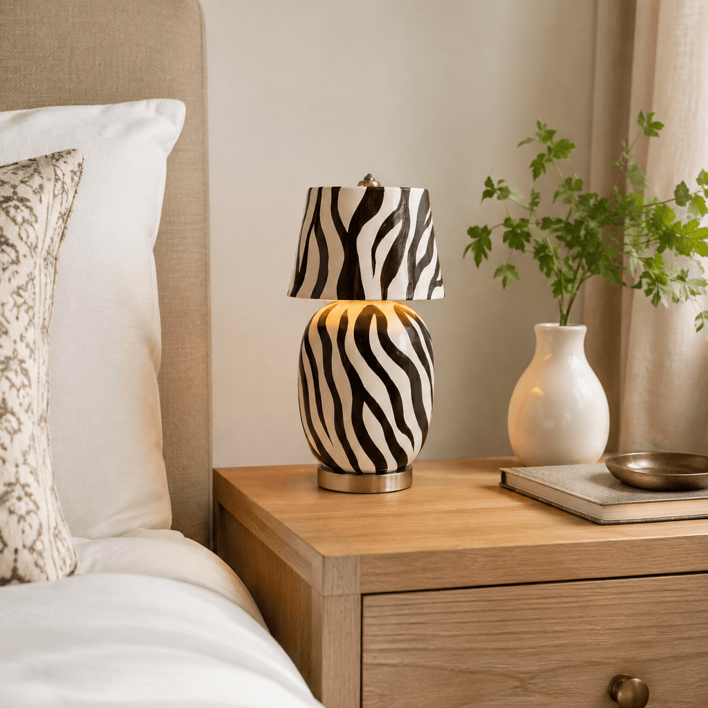Black-and-white zebra-stripe ceramic body and shade on this Clérachic table lamp, lit warm on a wooden bedside table next to a bed and a white vase.