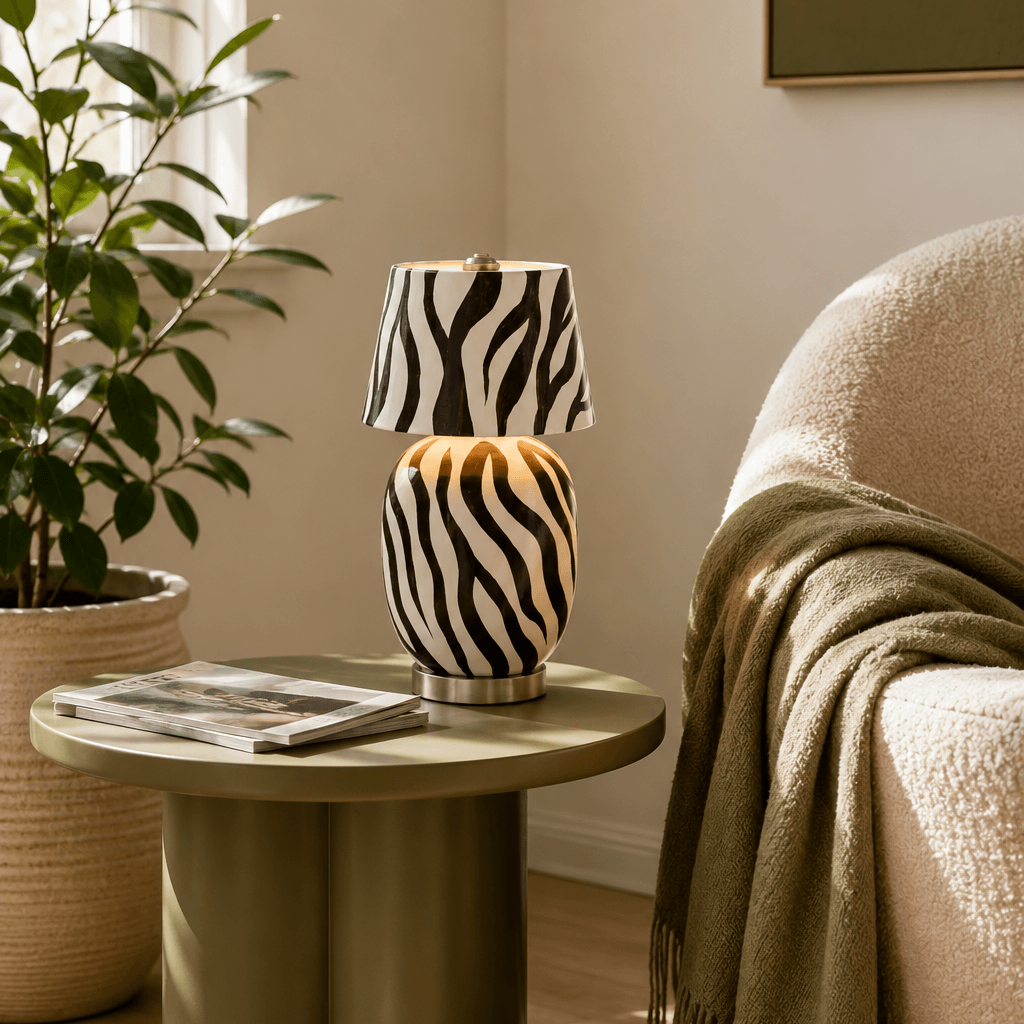 A striped black-and-white Clérachic table lamp stands on a round olive-green side table with a magazine, beside a boucle armchair and a leafy plant.