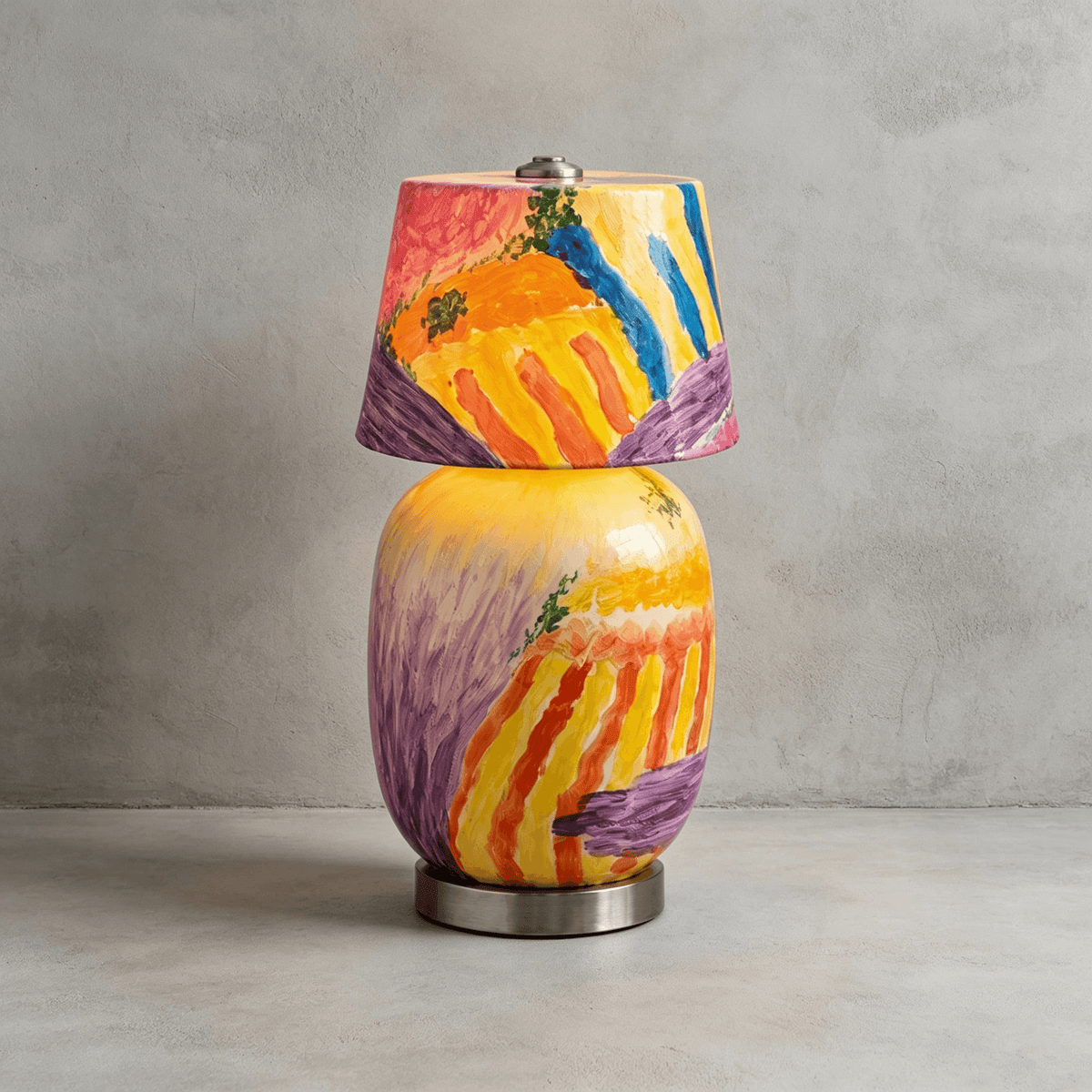 The painted version of this Clérachic table lamp, in yellow, orange, purple and blue strokes, on a grey concrete floor against a plaster wall.