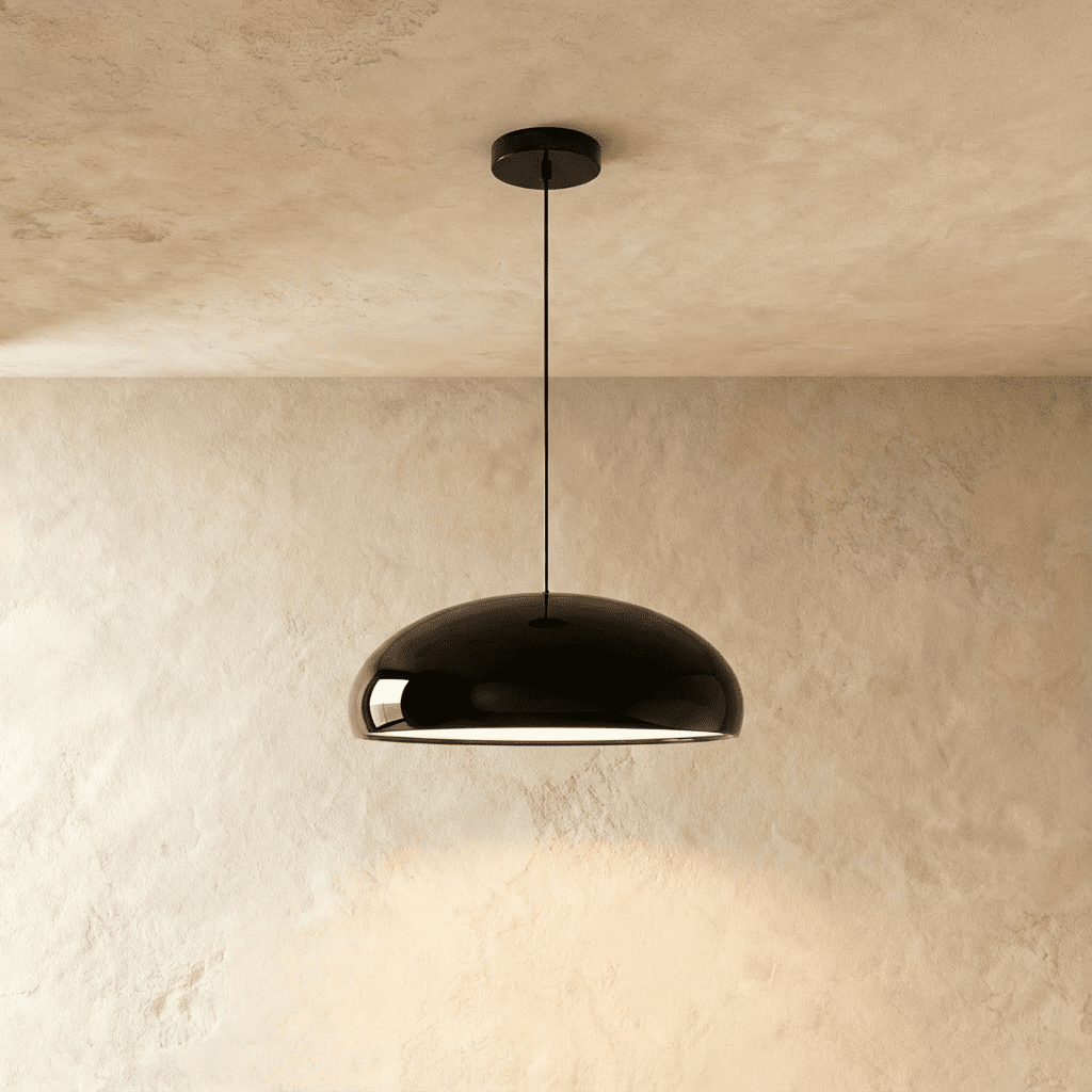 Clérachic glossy black dome pendant on a slim black cord, lit from beneath against a limewashed plaster wall.