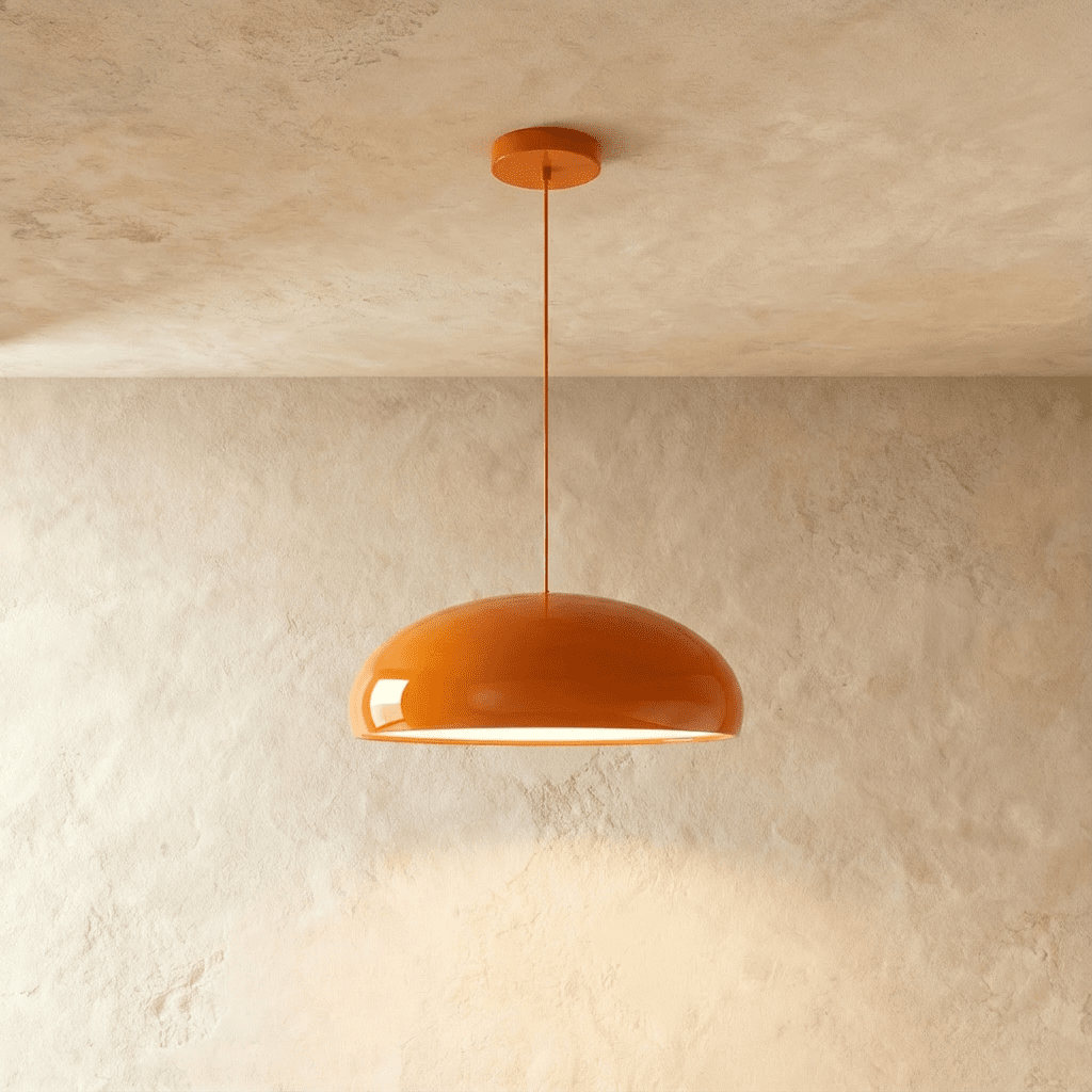 Clérachic glossy orange dome pendant with a matching orange cord and canopy, lit from beneath against limewashed plaster.