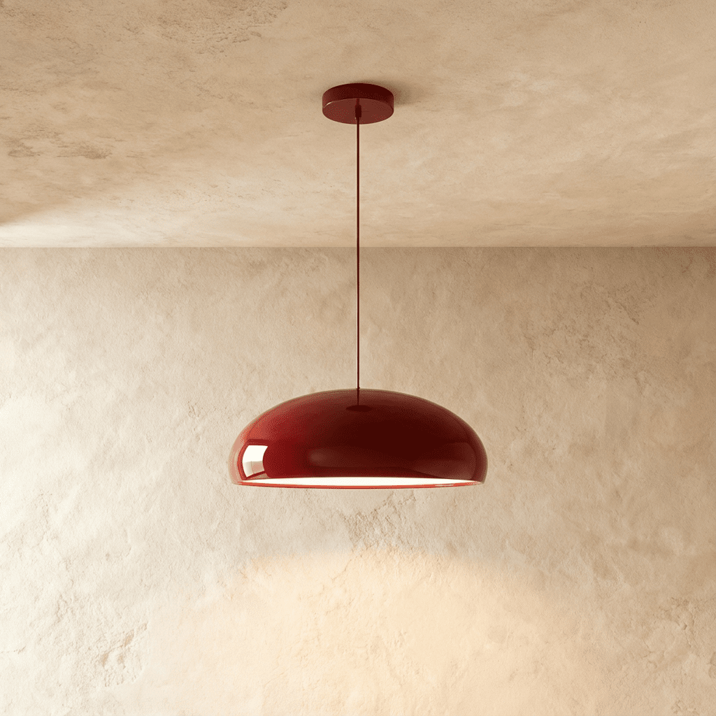 Clérachic glossy deep red dome pendant on a matching red cord and canopy, glowing beneath on a plaster wall.
