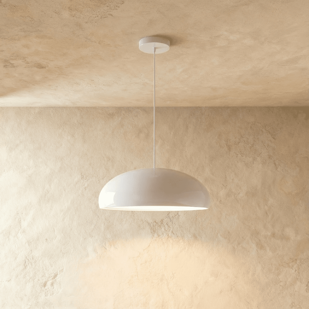 Clérachic glossy white dome pendant on a white cord and canopy, its inner reflector glowing against a limewashed wall.