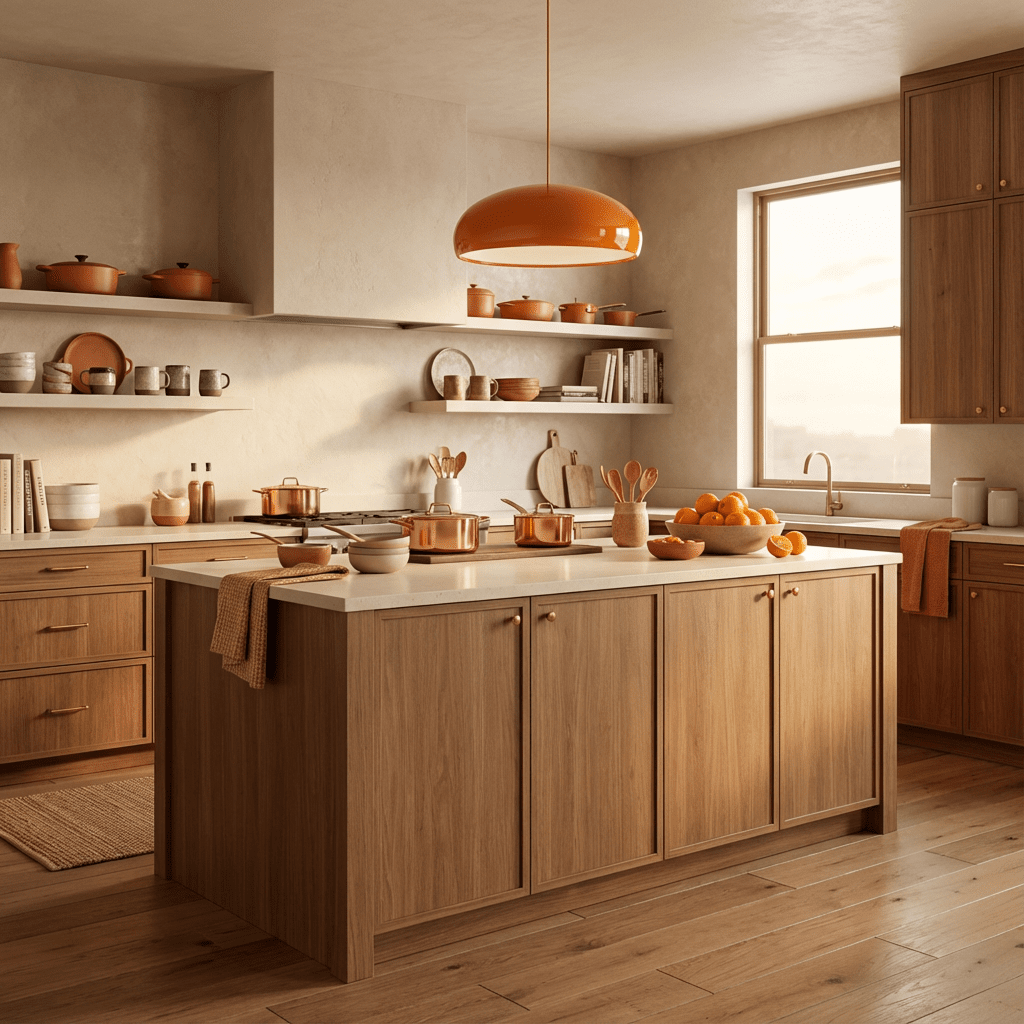 Clérachic glossy orange dome pendant above a wooden kitchen island with copper pans, oranges and open shelving in daylight.