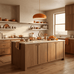Clérachic glossy orange dome pendant above a wooden kitchen island with copper pans, oranges and open shelving in daylight.