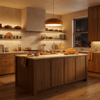 Clérachic glossy orange dome pendant lit in the evening over a wooden kitchen island, with warm under-shelf lighting.