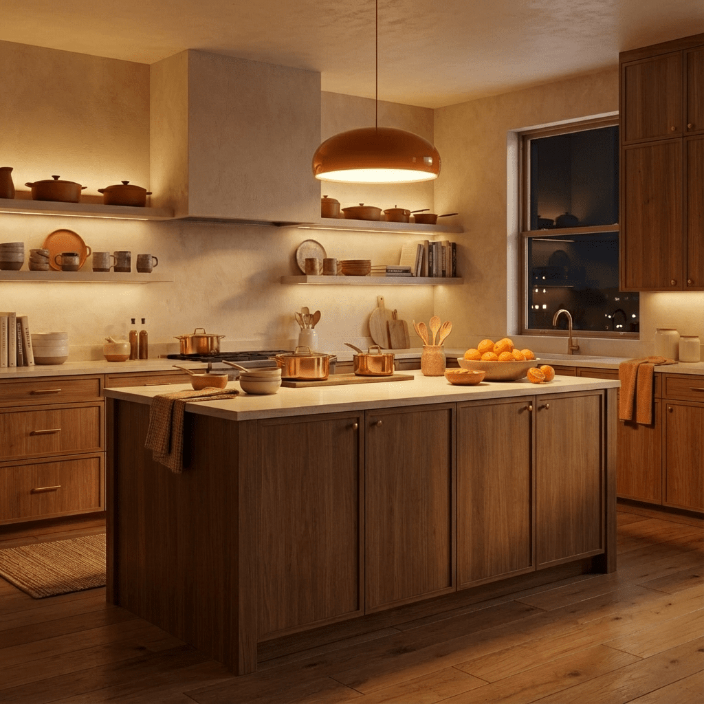 Clérachic glossy orange dome pendant lit in the evening over a wooden kitchen island, with warm under-shelf lighting.