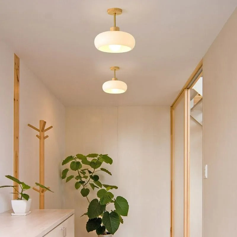 A pair of Clérachic white dome ceiling lights in a wood-trimmed corridor above a coat stand and leafy plant.