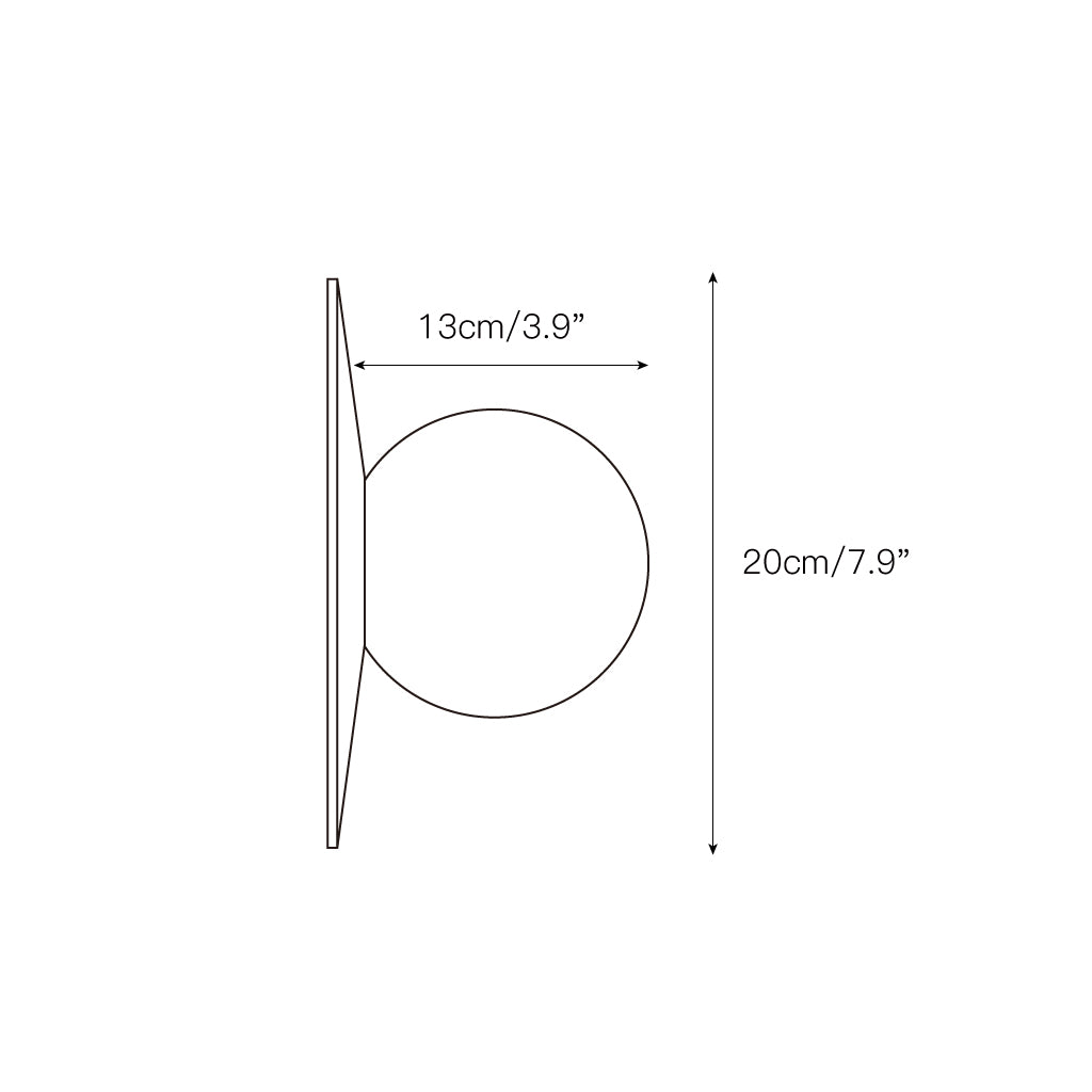 Dimension drawing for the Clérachic Glow sconce, 13cm/3.9in deep and 20cm/7.9in across.