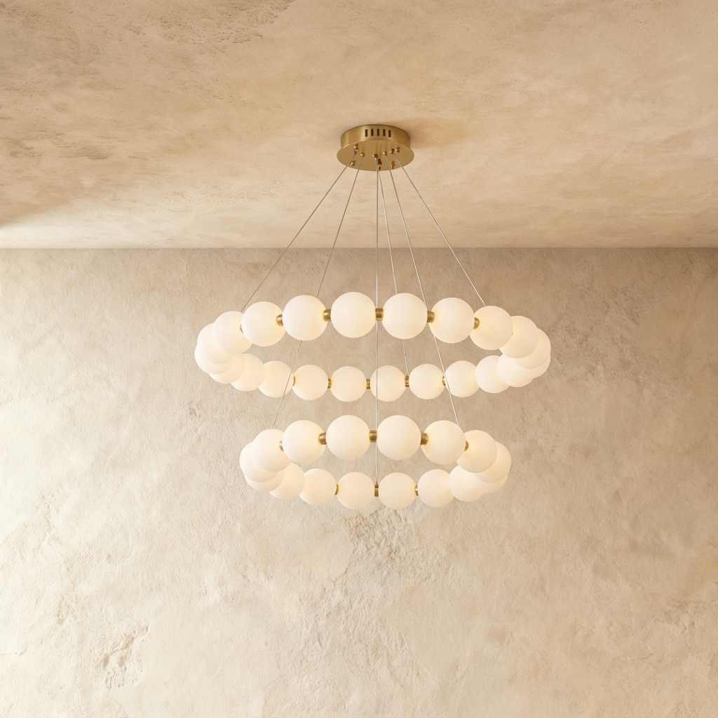 Clérachic two-tier round chandelier with opal spherical shades strung on a gold-finished frame, hung from a plaster ceiling.