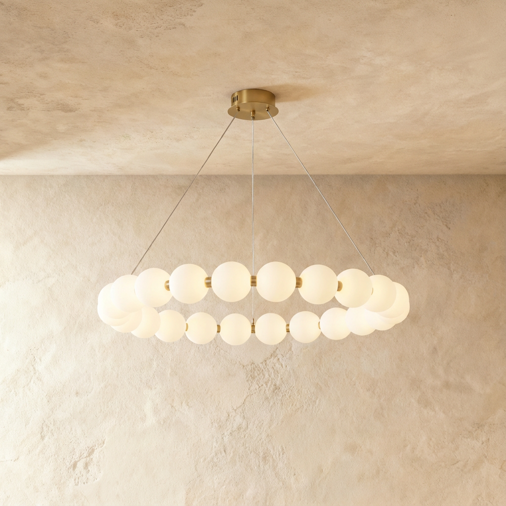 Clérachic one-tier round chandelier, a ring of opal spherical shades on a gold-finished frame hung from three fine wires.