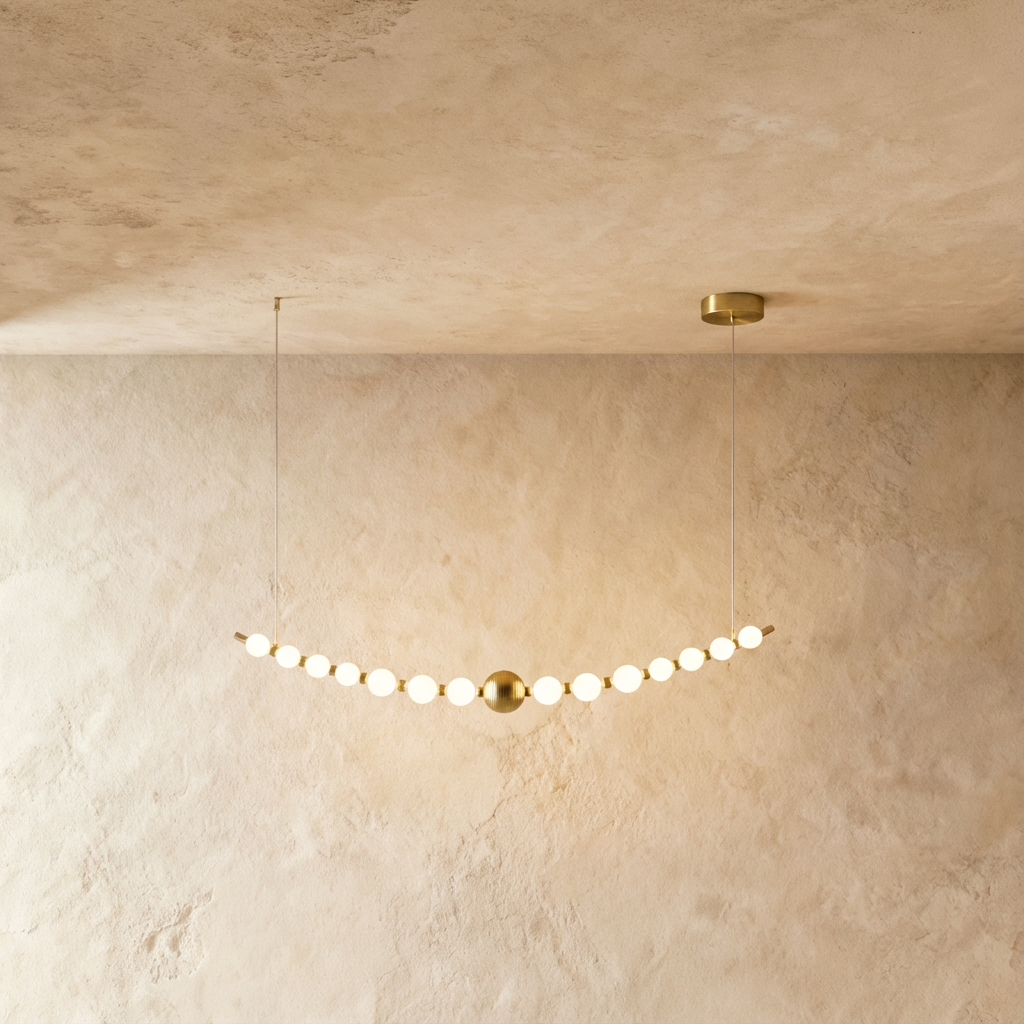Clérachic linear chandelier, a gently curved gold-finished rod of opal spherical shades with a brass ball at the centre, lit.