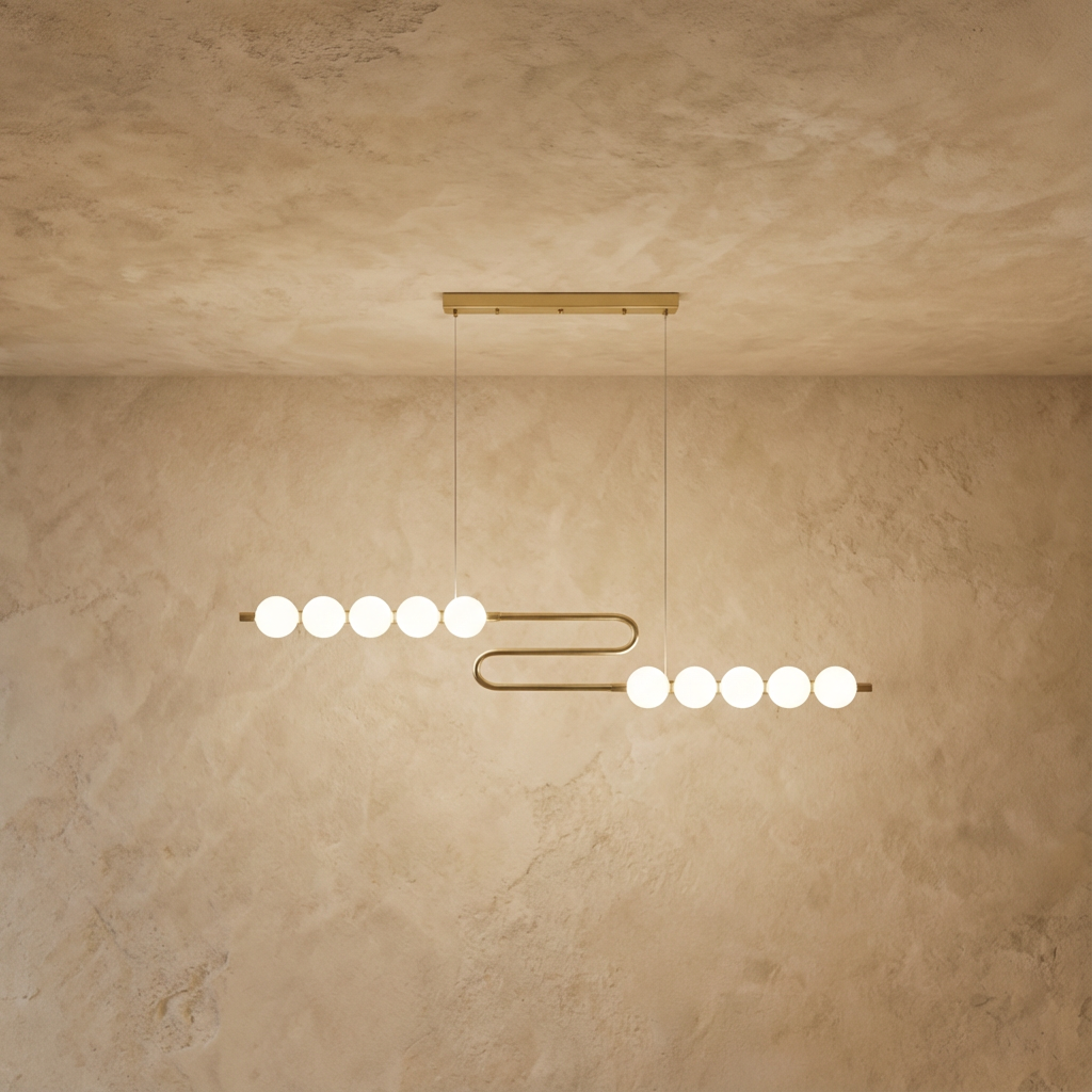 Clérachic linear chandelier with an S-shaped gold-finished rail carrying two rows of five opal spherical shades.