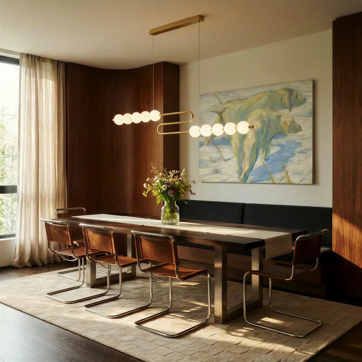 Clérachic S-shaped linear chandelier with opal globes hanging over a long dark dining table and leather cantilever chairs.