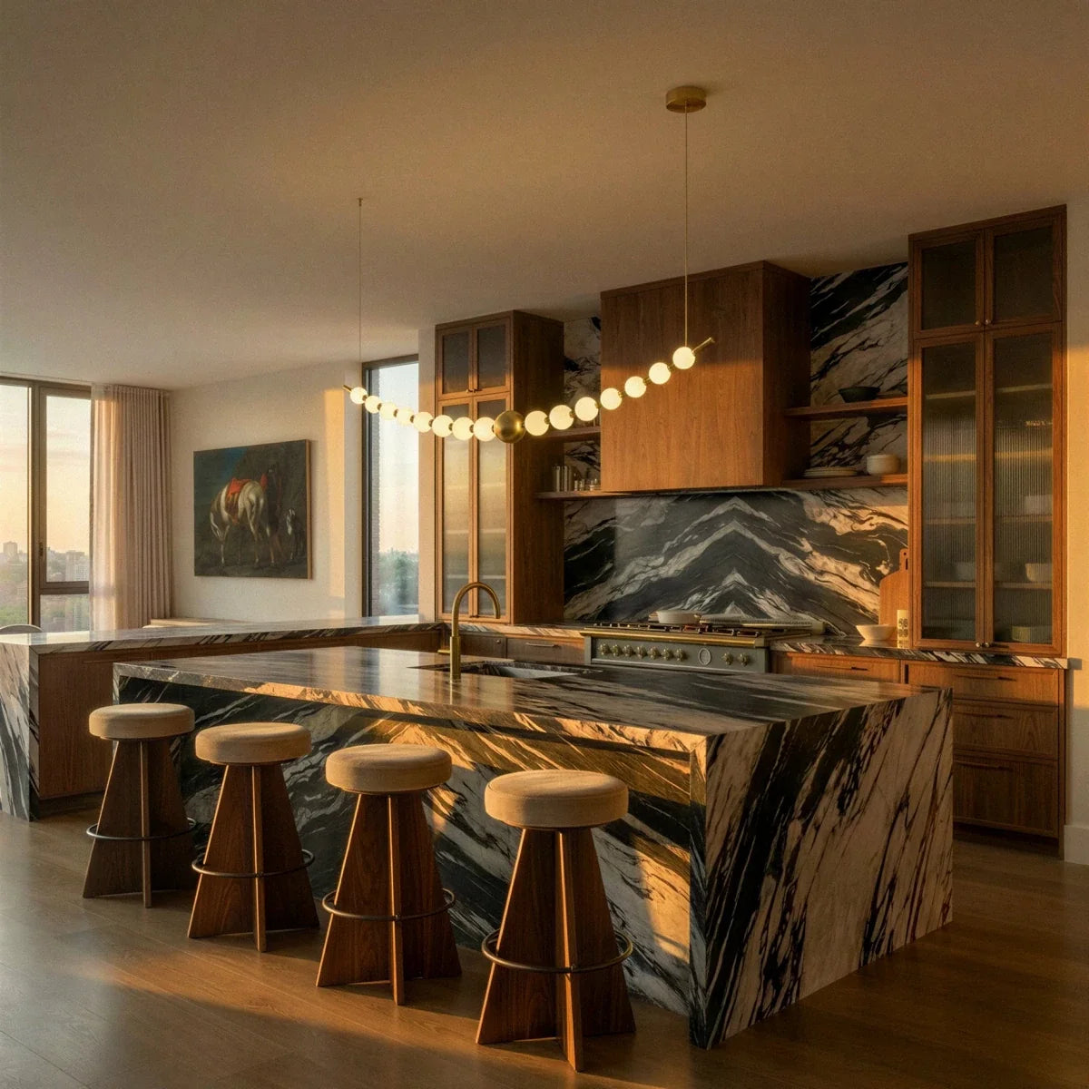 Clérachic curved linear chandelier with opal globes above a marble kitchen island with wooden stools at golden hour.