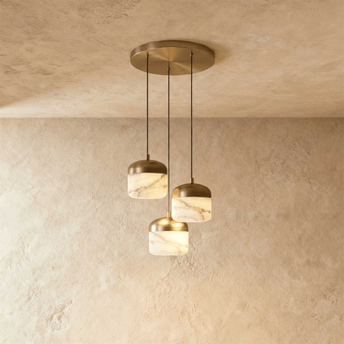 Clérachic alabaster pendant light in the 3-light cluster, unlit, three stone drum shades grouped under one canopy.