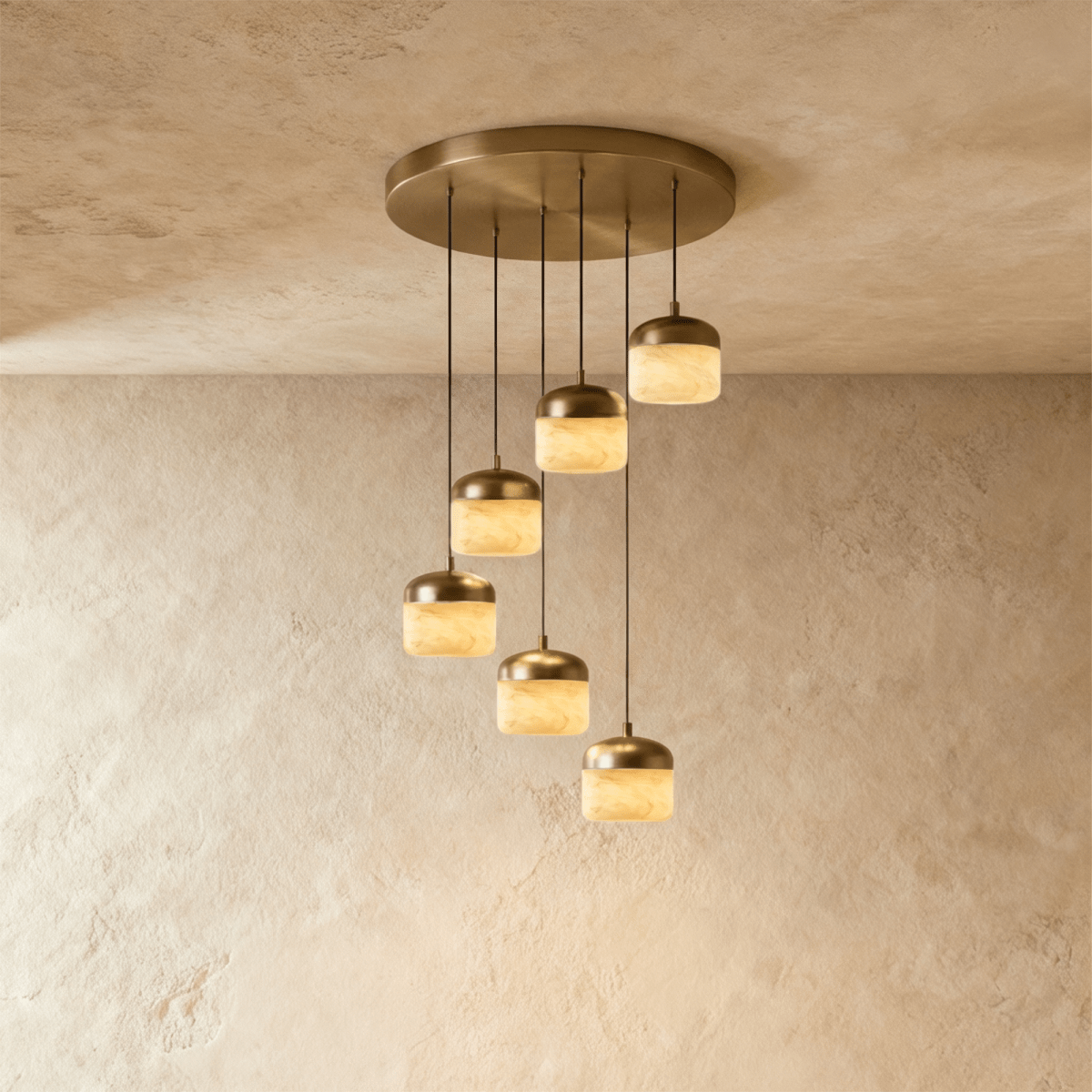 Clérachic alabaster pendant light in the 6-light cluster, glowing stone shades cascading from a round brass canopy.