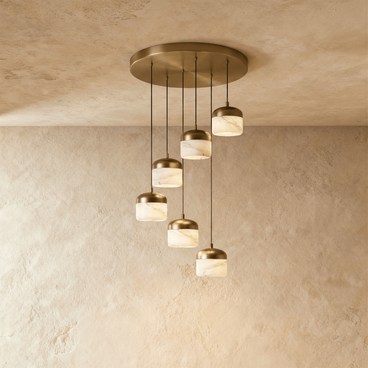 Clérachic alabaster pendant light in the 6-light cluster, viewed from another angle with all shades glowing warm.