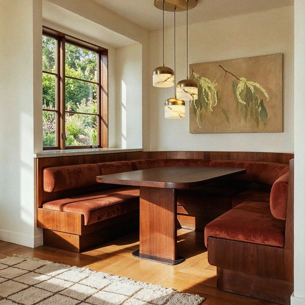 Three Clérachic alabaster pendant lights glow warm above a walnut banquette, beside a window and framed botanical art.