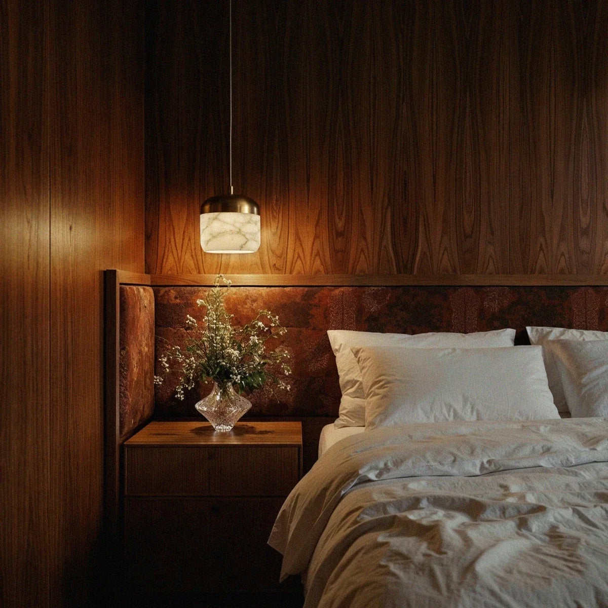 A Clérachic alabaster pendant light glows warm above a walnut nightstand in a dark wood-panelled bedroom.