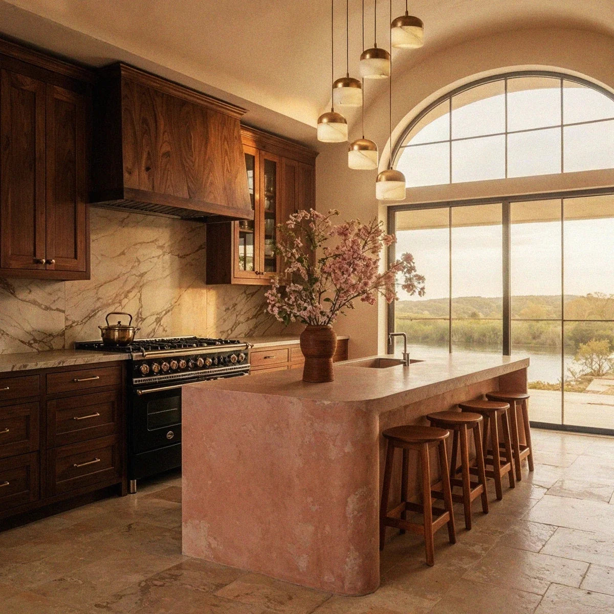 Six Clérachic alabaster pendant lights cascade above a stone kitchen island beneath an arched window at sunset.