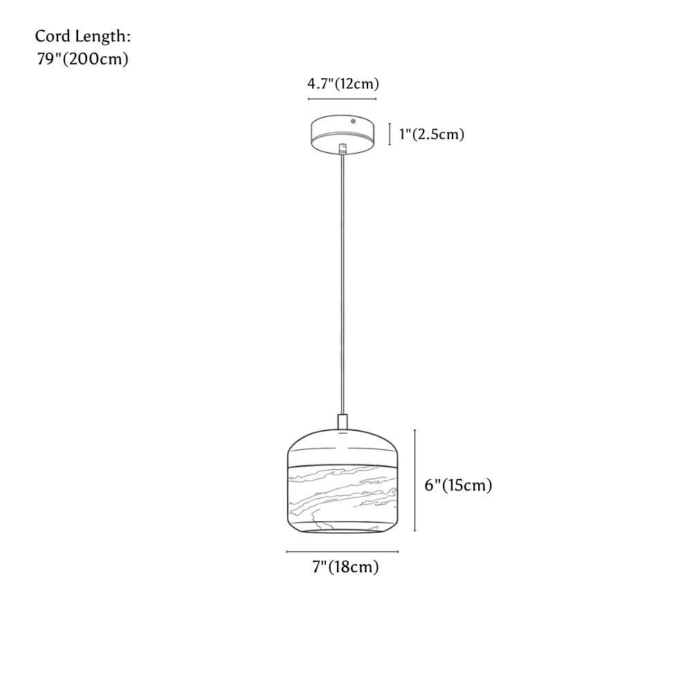 Clérachic pendant light dimension drawing, 1 Light, every measurement marked in centimetres and inches.