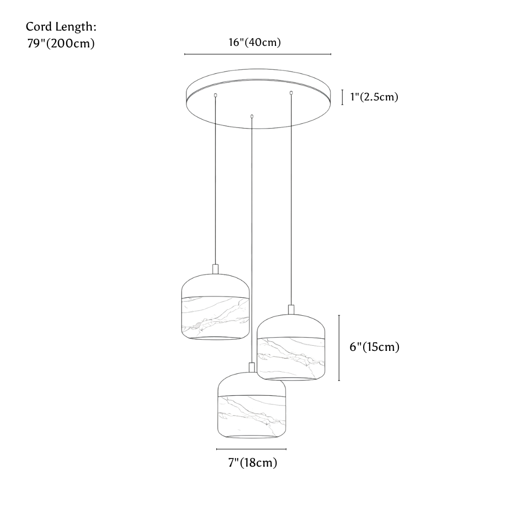 Clérachic pendant light dimension drawing, 3 Lights, every measurement marked in centimetres and inches.