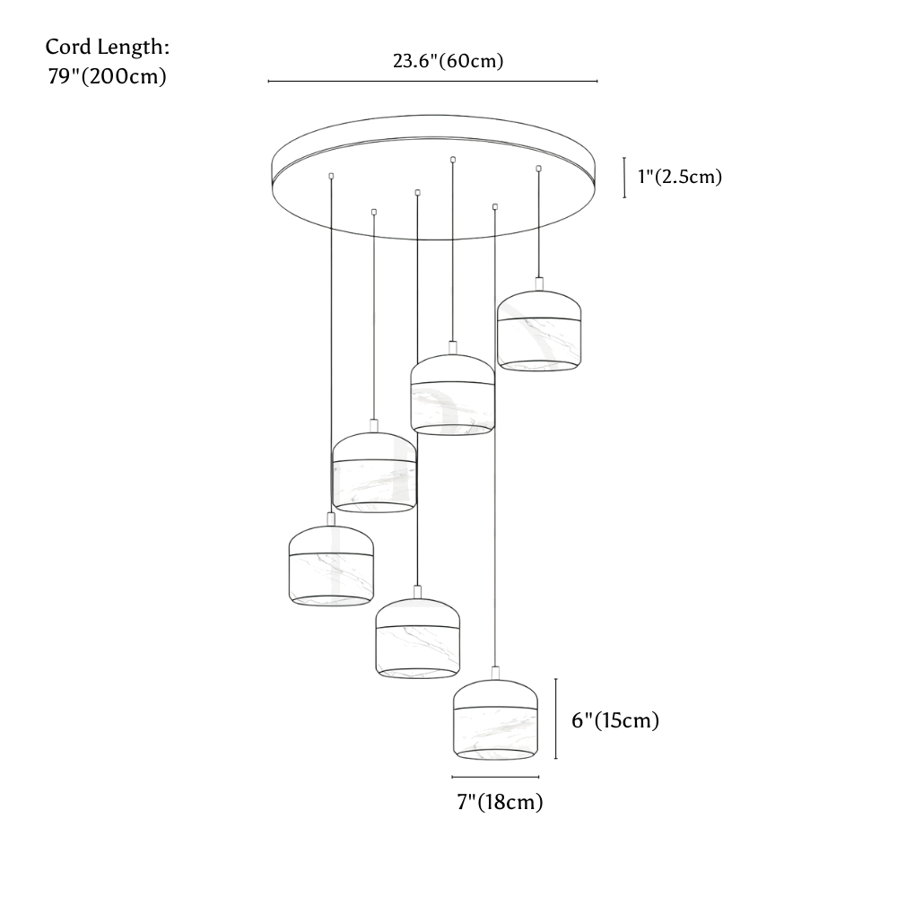 Clérachic pendant light dimension drawing, 6 Lights, every measurement marked in centimetres and inches.