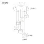 Clérachic pendant light dimension drawing, 6 Lights, every measurement marked in centimetres and inches.