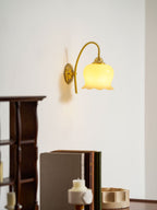 Clérachic wall light lit warm above a dark wooden shelf unit and a stack of books on a white wall.