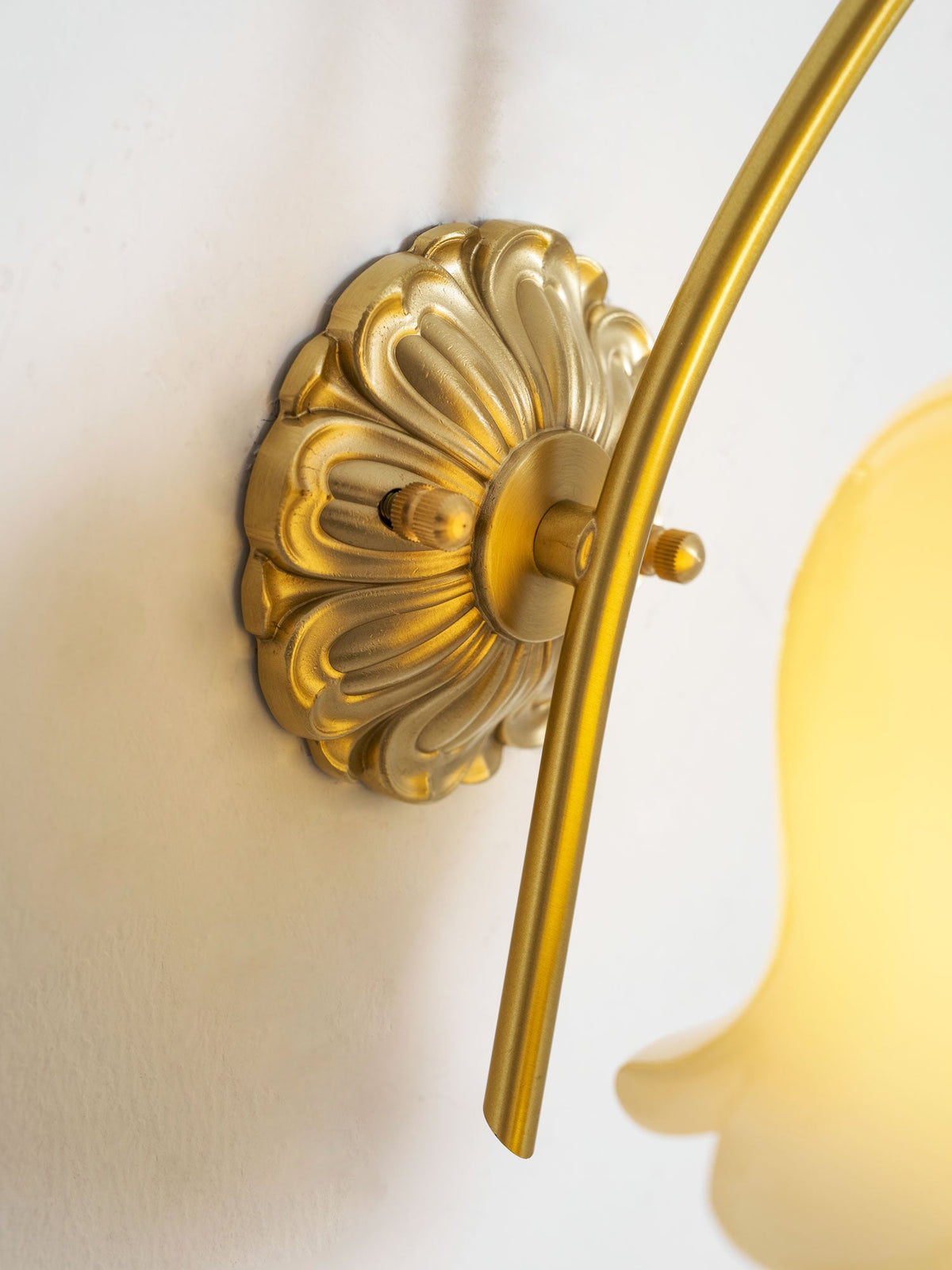 Close view of the round brass back plate with raised petals and the arm of this Clérachic wall light.