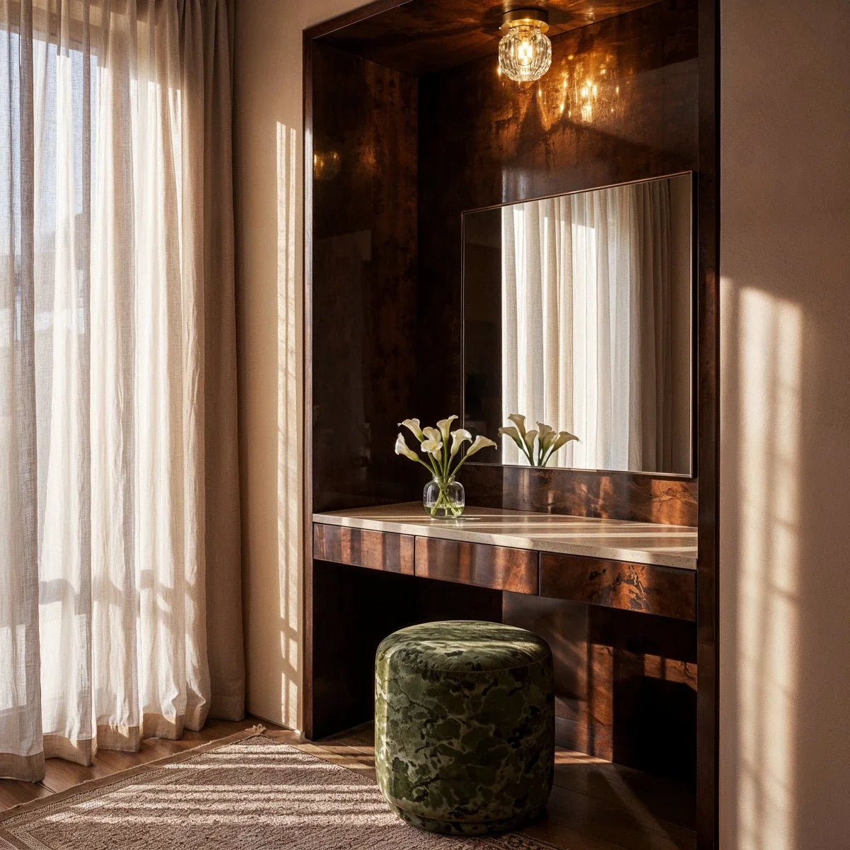Clérachic crystal ceiling light above a walnut dressing table with a mirror, white lilies and a green stool.