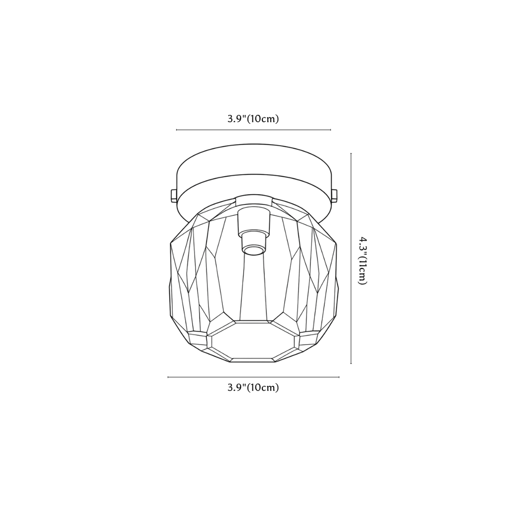 Clérachic ceiling light dimension drawing, 1 of 2, every measurement marked in centimetres and inches.