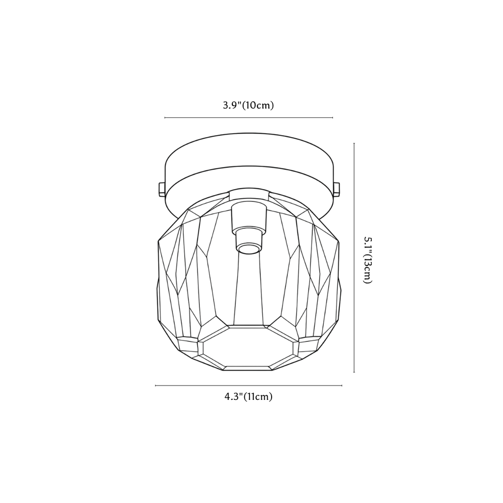 Clérachic ceiling light dimension drawing, 2 of 2, every measurement marked in centimetres and inches.