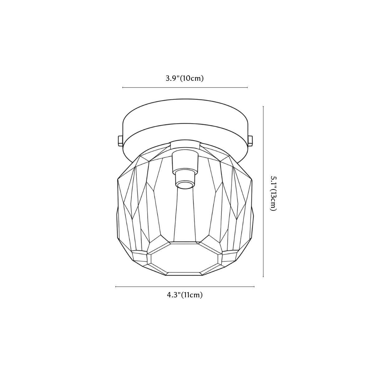 Clérachic ceiling light dimension drawing, 2 of 2, every measurement marked in centimetres and inches.