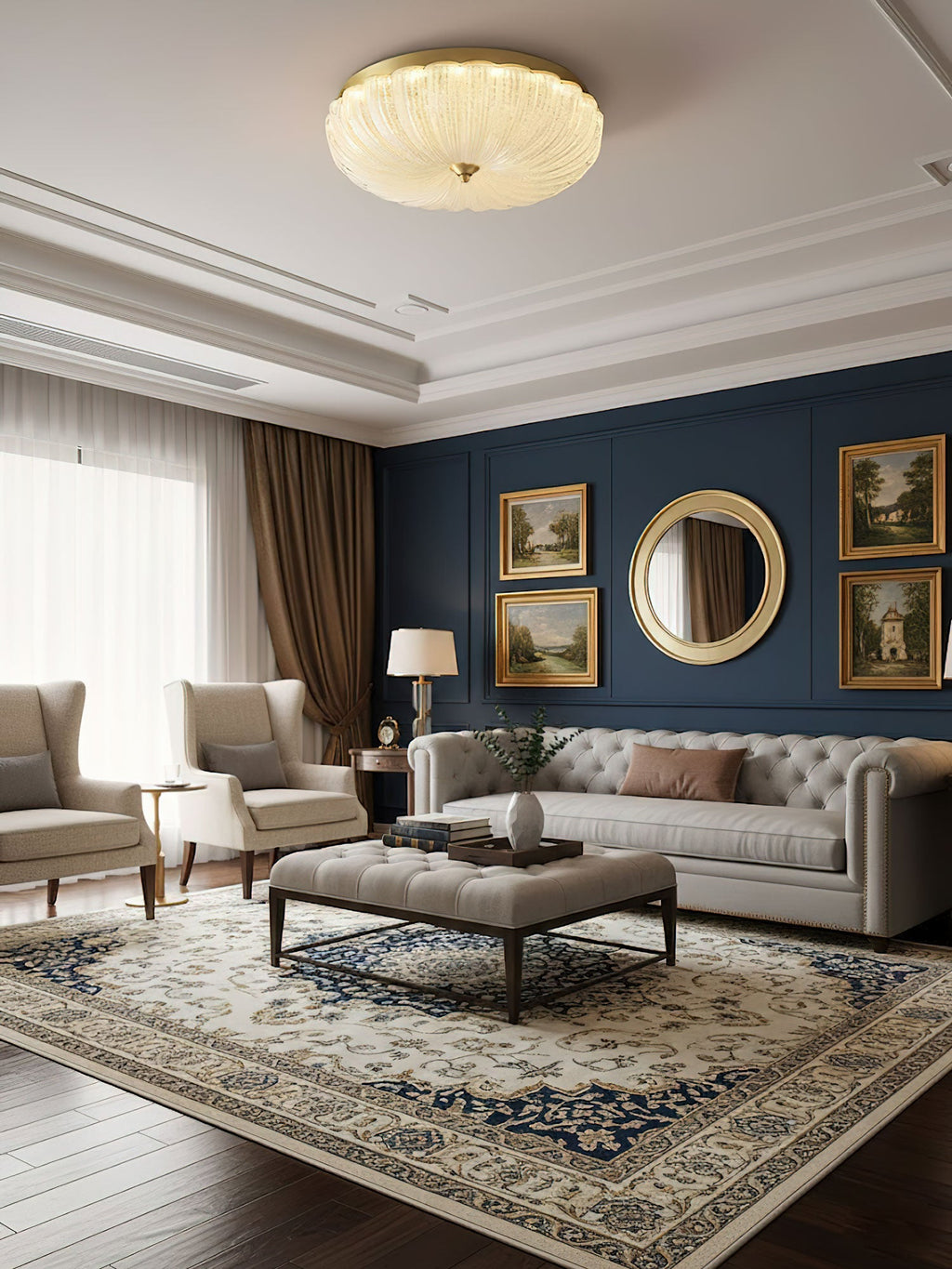 Gold-rimmed Clérachic ceiling light above a living room with a navy panelled wall, a grey tufted sofa and a patterned rug.