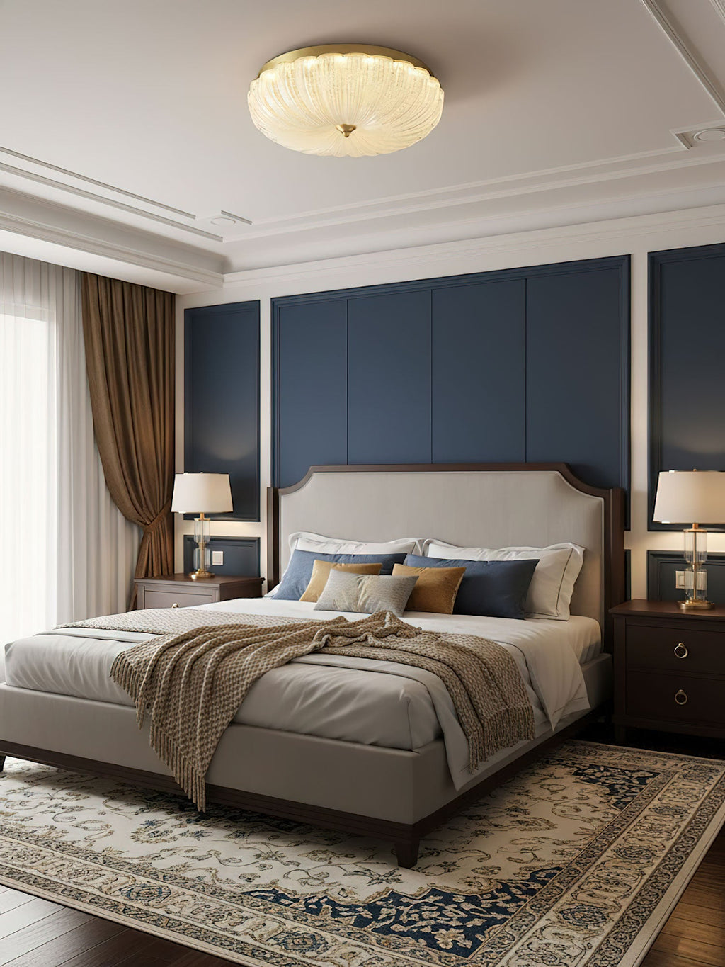 Clérachic ceiling light above a bed with a grey headboard against navy panelling, with brown curtains and a patterned rug below.