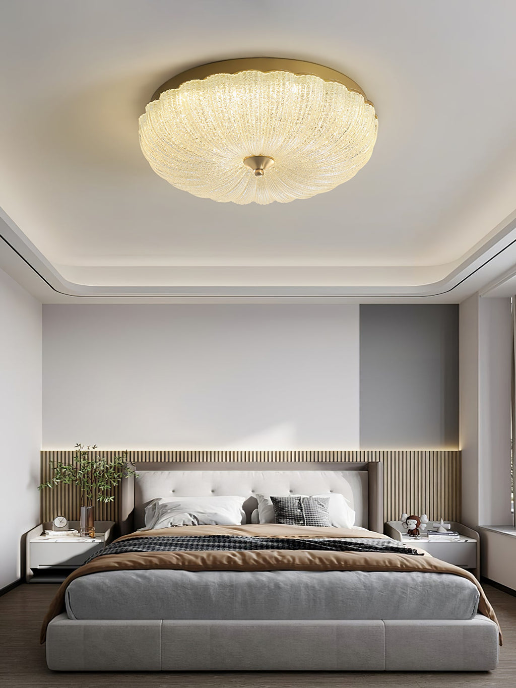 Clérachic ceiling light in a recessed ceiling above a bedroom with a grey bed, a slatted headboard wall and a window to the right.